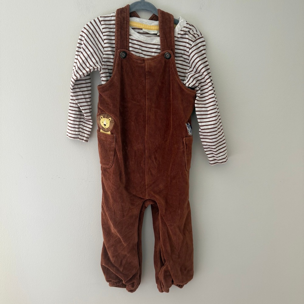 JoJo Maman Bebe Brown Corduroy Animal Overalls and Striped Shirt Set 18-24M